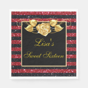 Serviette En Papier Élégant rouge noir Parties scintillant or Rose s