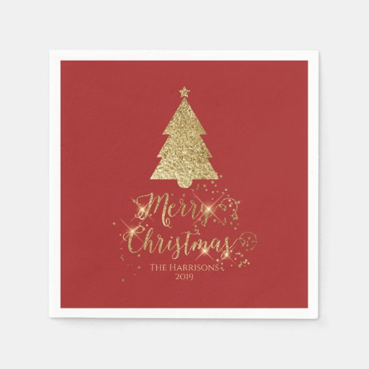 Serviette En Papier Élégant rouge or Joyeux Noël étincelant (Devant)