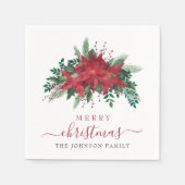 Serviette En Papier Élégant Rouge Poinsettia Floral Script Noël (Devant)