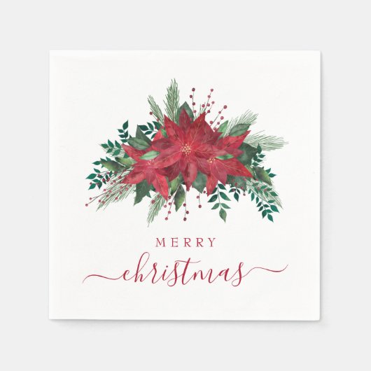 Serviette En Papier Élégant Rouge Poinsettia Floral Script Noël (Devant)