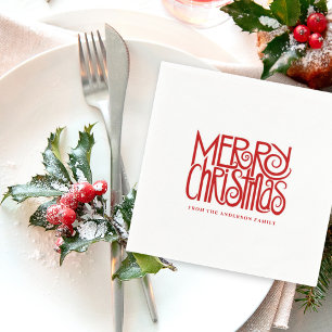 Serviette En Papier Élégant Rouge Script Joyeux Noël Personnalisé