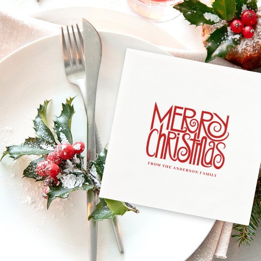 Serviette En Papier Élégant Rouge Script Joyeux Noël Personnalisé
