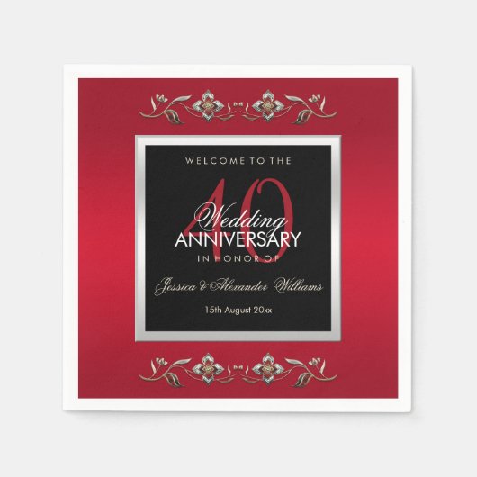 Serviette En Papier Elégant Ruby Gemstones 40e anniversaire de Mariage (Devant)