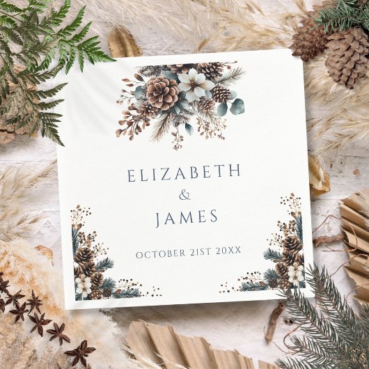 Serviette En Papier Élégant Rustique Forêt Floral Pinecones Mariage