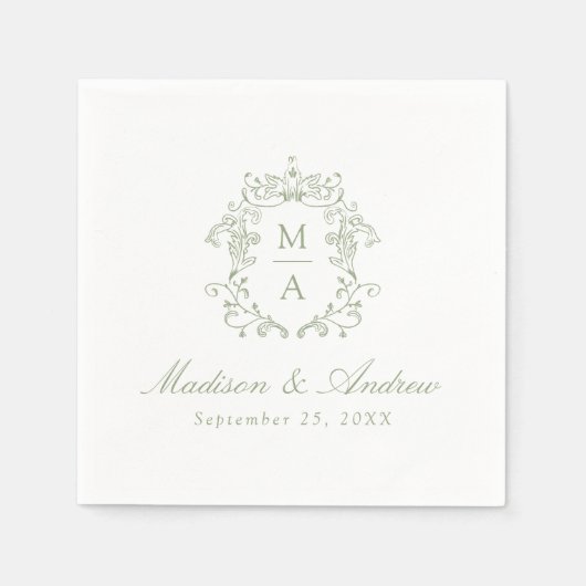 Serviette En Papier Elégant Sage Chinoiserie Monogram Crest Mariage (Devant)