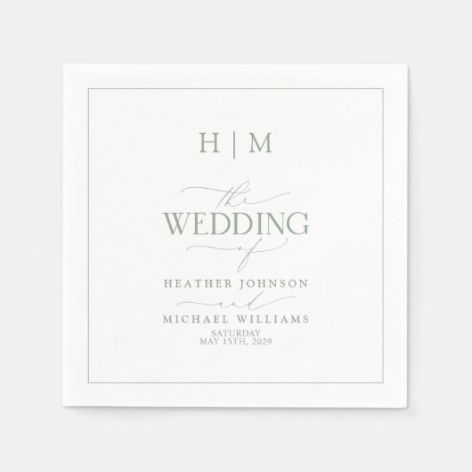 Serviette En Papier Élégant Sage Green Calligraphie Monogramme Mariage (Devant)