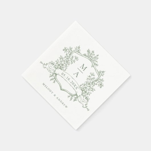 Serviette En Papier Élégant Sage Green Crest Floral Monogrammes Mariag (Coin)