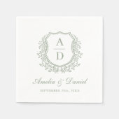 Serviette En Papier Élégant Sage Green Crest Monogram Mariage (Devant)