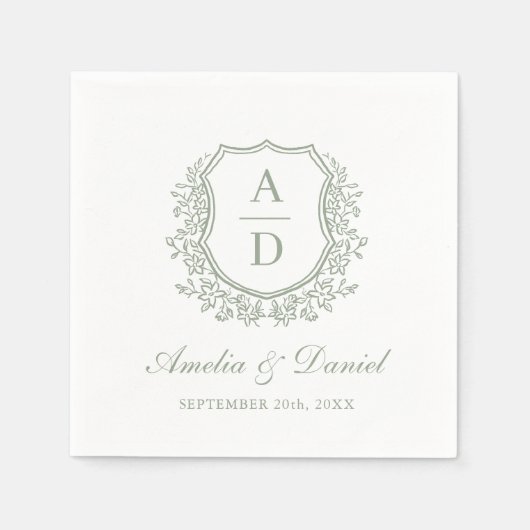 Serviette En Papier Élégant Sage Green Crest Monogram Mariage (Devant)
