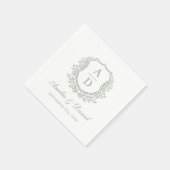 Serviette En Papier Élégant Sage Green Crest Monogram Mariage (Coin)