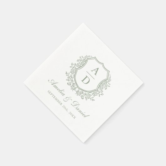 Serviette En Papier Élégant Sage Green Crest Monogram Mariage (Coin)