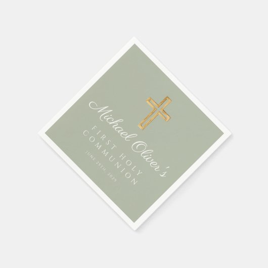 Serviette En Papier Elégant Sage Green Cross Première communion (Coin)