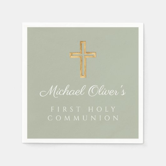 Serviette En Papier Elégant Sage Green Cross Première communion (Devant)