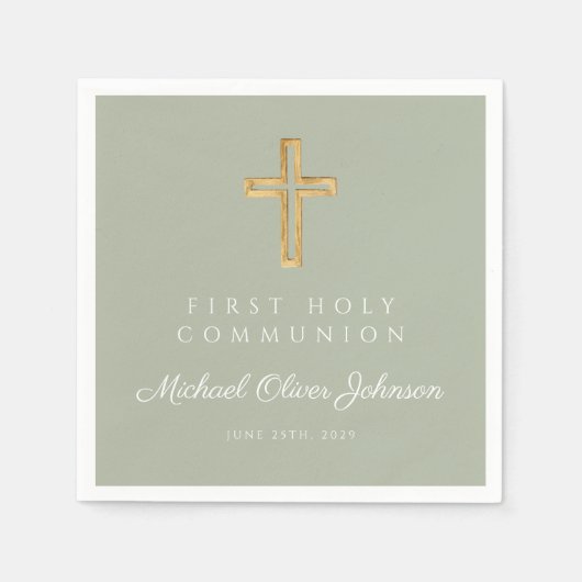 Serviette En Papier Elégant Sage Green Cross Religieux Première Commun (Devant)