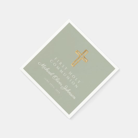 Serviette En Papier Elégant Sage Green Cross Religieux Première Commun (Coin)