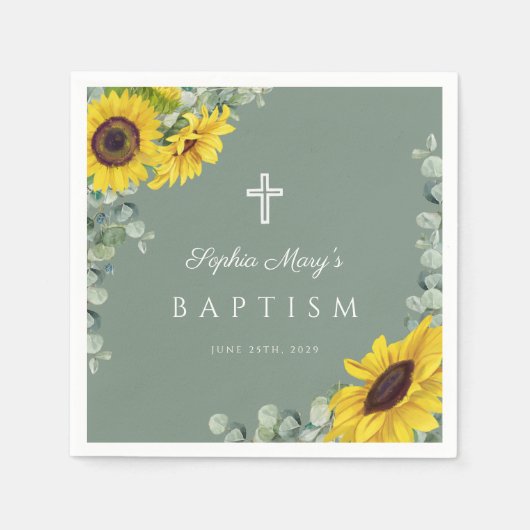 Serviette En Papier Élégant Sage Green Floral Cross Baptême (Devant)