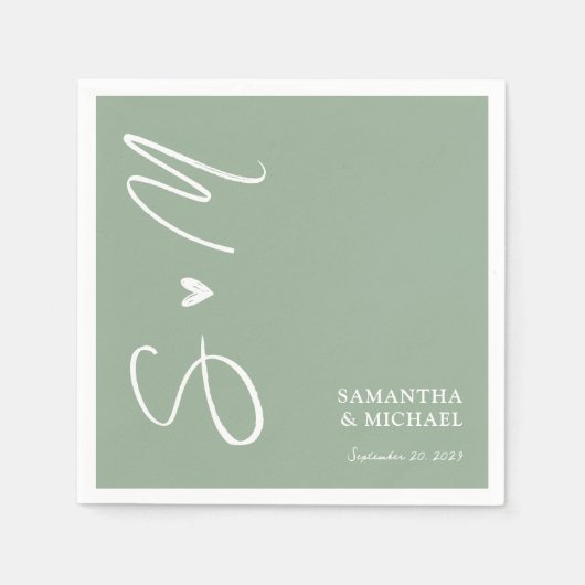 Serviette En Papier Élégant Sage Green Initiales personnalisées Mariag (Devant)