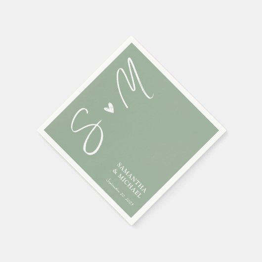 Serviette En Papier Élégant Sage Green Initiales personnalisées Mariag (Coin)