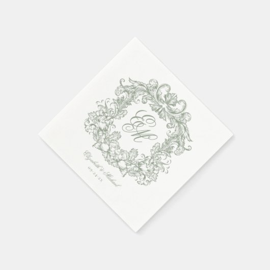 Serviette En Papier Elegant Sage Green Monogram Crest Script Wedding (Coin)