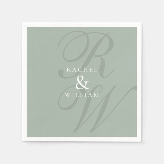 Serviette En Papier Élégant Sage Green Script Monogramme Mariage (Devant)