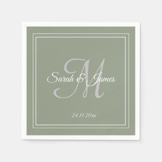 Serviette En Papier Elégant Sage Vert & Blanc Monogramme Mariage Papie (Devant)