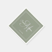 Serviette En Papier Elégant Sage Vert & Blanc Monogramme Mariage Papie (Coin)