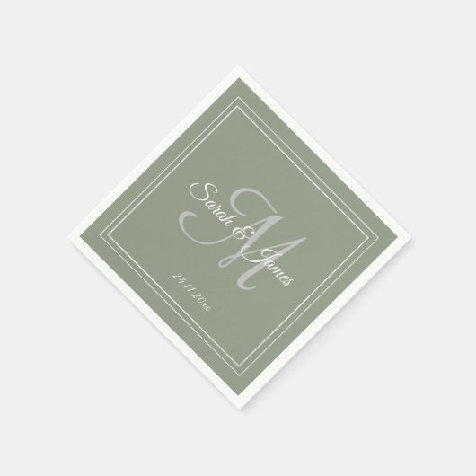 Serviette En Papier Elégant Sage Vert & Blanc Monogramme Mariage Papie (Coin)