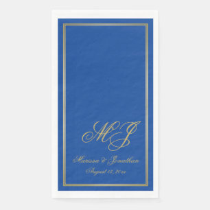 Serviette En Papier Élégant Sapphire Blue Gold Monogram Mariage Script