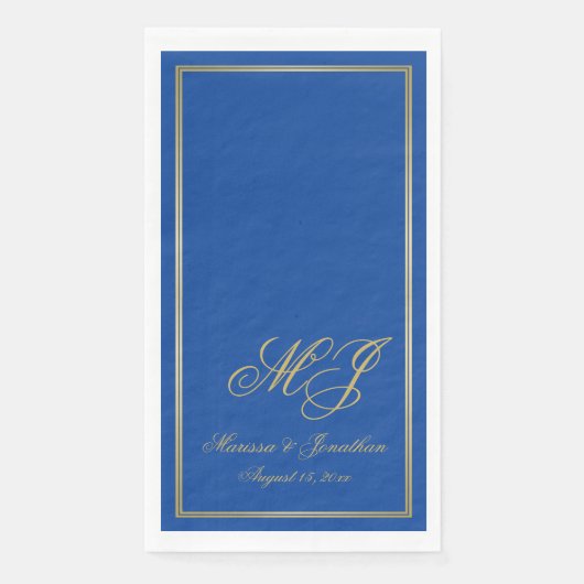 Serviette En Papier Élégant Sapphire Blue Gold Monogram Mariage Script (Devant)