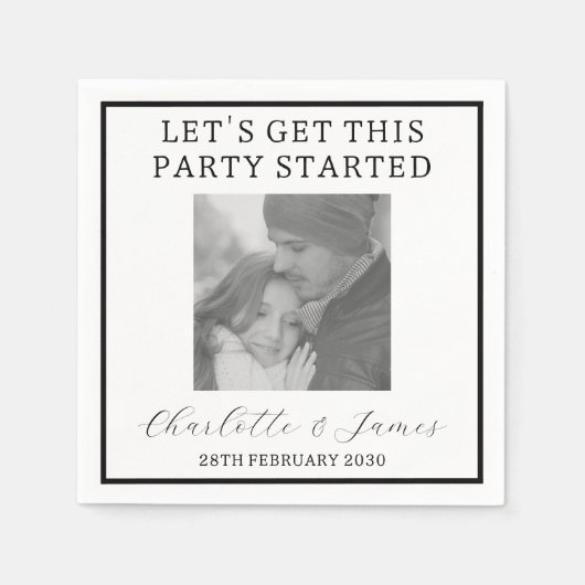 Serviette En Papier Élégant Script Black and White Photo Party (Devant)