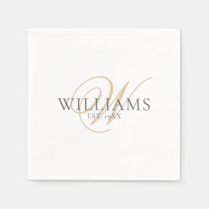 Serviette En Papier Élégant Script blanc gris or Monogramme