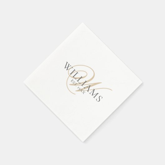 Serviette En Papier Élégant Script blanc gris or Monogramme (Coin)