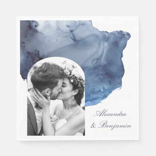 Serviette En Papier Élégant Script bleu aquarelle Mariage photo (Devant)