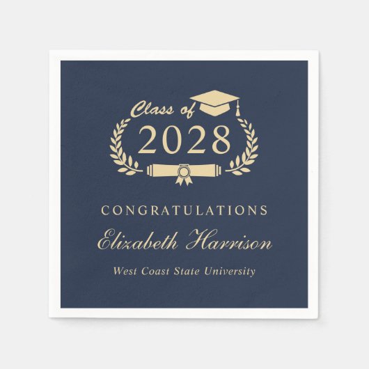 Serviette En Papier Élégant Script Blue Gold Graduation (Devant)