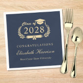 Serviette En Papier Élégant Script Blue Gold Graduation