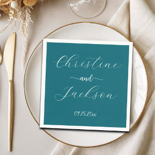 Serviette En Papier Élégant Script Blue Mariage Turquoise