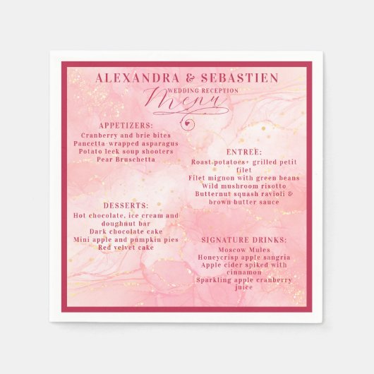 Serviette En Papier Élégant Script Burgundy Rose Gold Mariage Menu (Devant)