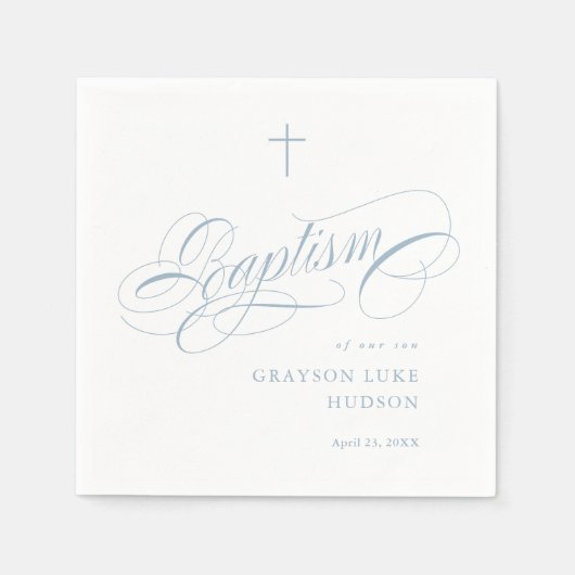 Serviette En Papier Élégant Script Calligraphie Dusty Blue Boys Baptêm (Devant)
