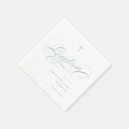Serviette En Papier Élégant Script Calligraphie Dusty Blue Boys Baptêm (Coin)