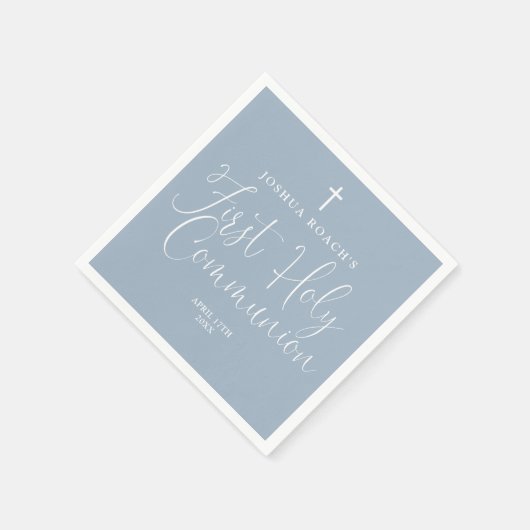 Serviette En Papier Élégant Script Dusty Blue First Holy Communion (Coin)