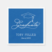 Serviette En Papier Élégant Script et Grad Casquette Bleu Graduation (Devant)