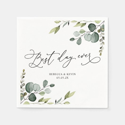 Serviette En Papier Élégant Script Eucalyptus Vert papier Mariage (Devant)