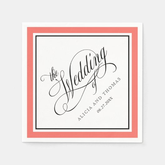 Serviette En Papier Élégant script fleurit Mariage Coral Bordure (Devant)