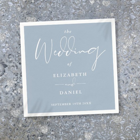 Serviette En Papier Élégant script moderne Mariage bleu poussiéreux