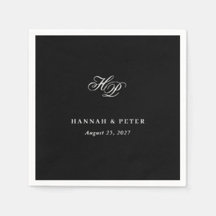 Serviette En Papier Élégant Script Monogramme Initiales Mariage noir