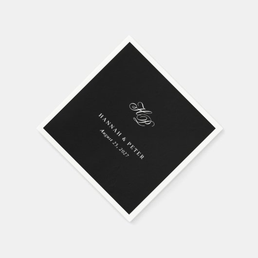 Serviette En Papier Élégant Script Monogramme Initiales Mariage noir (Coin)