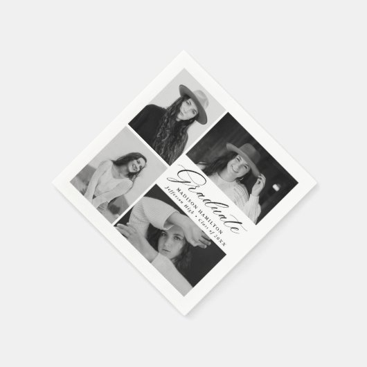 Serviette En Papier Élégant script noir 4 photo Graduation (Coin)