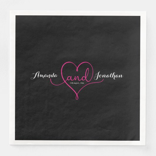 Serviette En Papier Élégant Script noir avec Mariage de coeur rose (Devant)