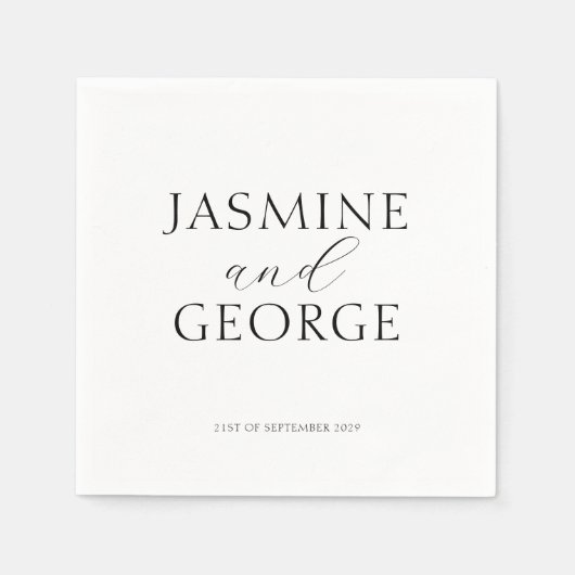 Serviette En Papier Élégant Script noir & blanc Mariage chic (Devant)