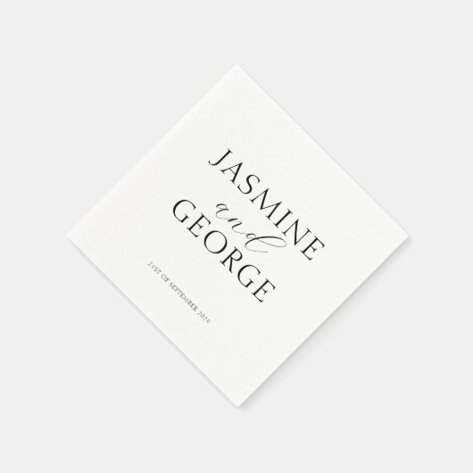 Serviette En Papier Élégant Script noir & blanc Mariage chic (Coin)